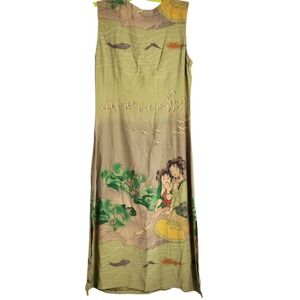 Vintage US size XS 100% Silk Citron Santa Monica Midi Dress Geisha‎ Koi Kimono